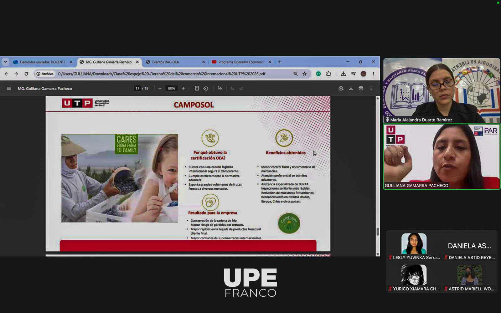 CLASE ESPEJO INTERNACIONAL ENTRE UPE Y UTP ABORDÓ INTEGRACIÓN INTERNACIONAL Y OPERADOR ECONÓMICO AUTORIZADO